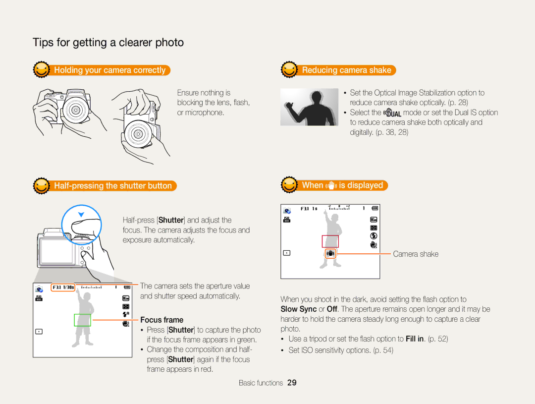 Samsung WB101, WB100 Holding your camera correctly, Half-pressing the shutter button When, Is displayed, Focus frame 