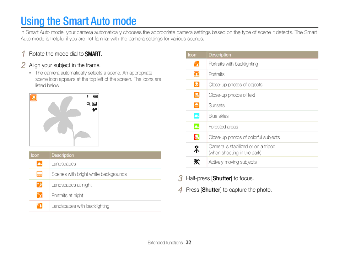 Samsung ECWB100ZBARUS, WB101, ECWB100ZBABUS appendix Using the Smart Auto mode 