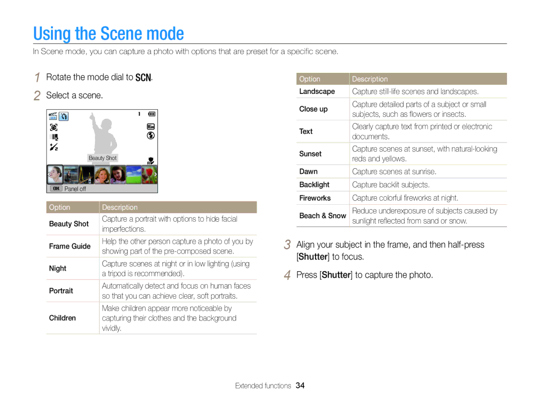 Samsung ECWB100ZBABUS, ECWB100ZBARUS, WB101 appendix Using the Scene mode, Rotate the mode dial to Select a scene 