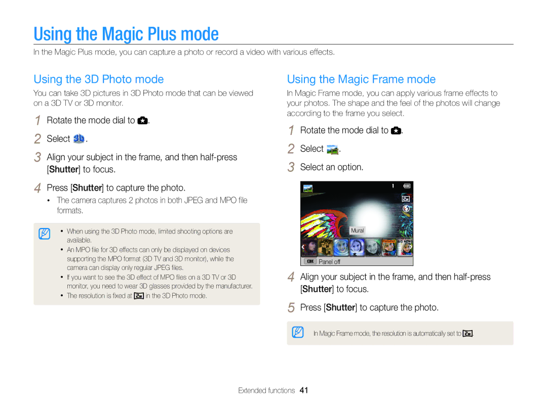 Samsung WB101, ECWB100ZBARUS Using the Magic Plus mode, Using the 3D Photo mode, Using the Magic Frame mode, Select 