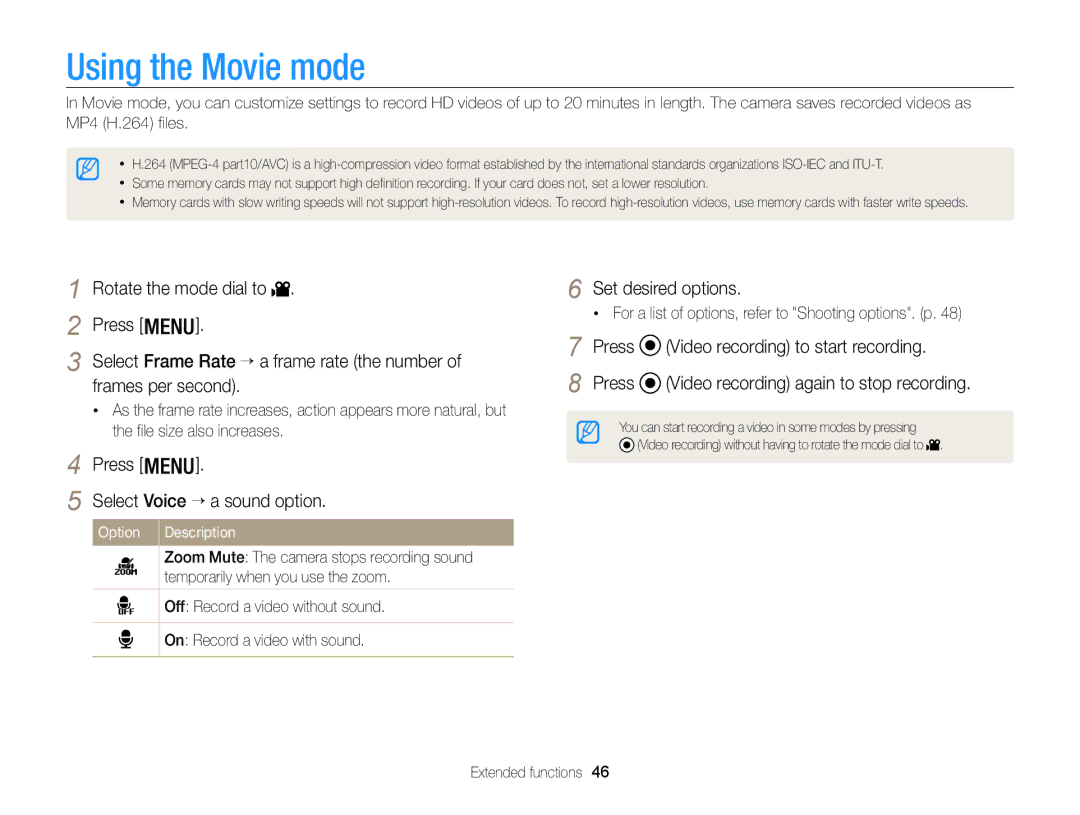 Samsung ECWB100ZBABUS, WB101 Using the Movie mode, Frames per second, Set desired options, Select Voice → a sound option 