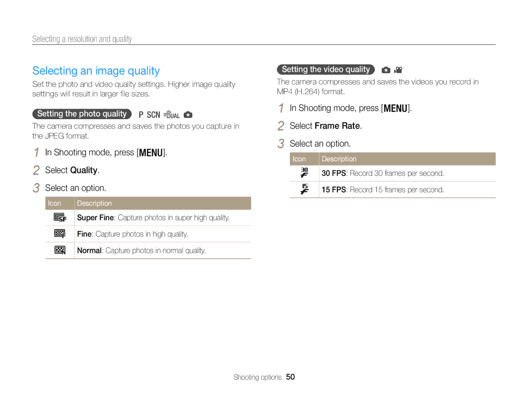 Samsung ECWB100ZBABUS, ECWB100ZBARUS, WB101 appendix Selecting an image quality, Selecting a resolution and quality 