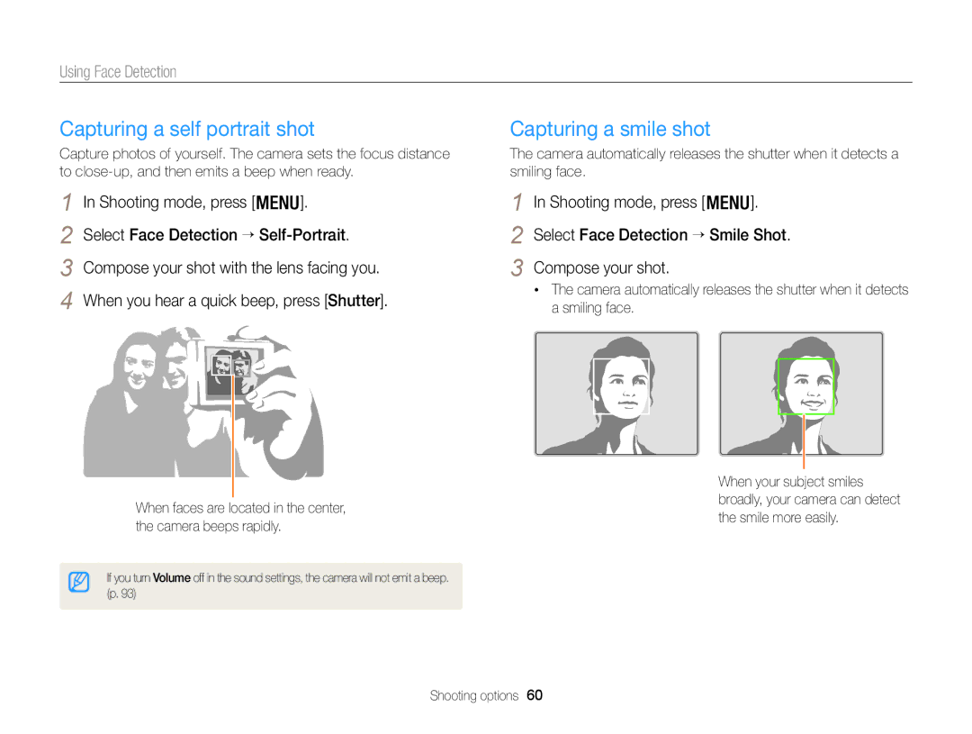 Samsung ECWB100ZBARUS Capturing a self portrait shot, Capturing a smile shot, Using Face Detection, Compose your shot 