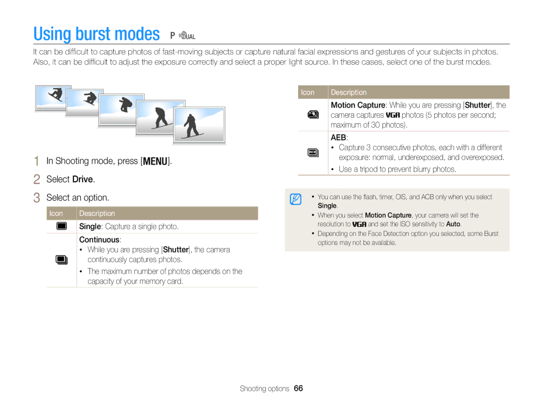 Samsung ECWB100ZBABUS, WB101 appendix Using burst modes, Shooting mode, press Select Drive Select an option, Camera captures 