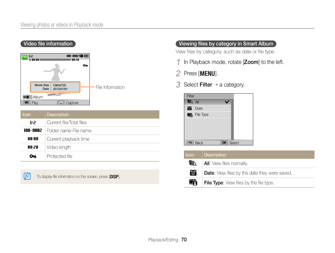 Samsung ECWB100ZBABUS Viewing photos or videos in Playback mode, Press Select Filter → a category, Video file information 