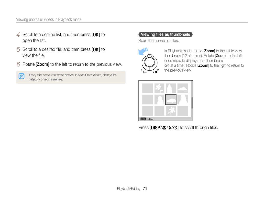 Samsung ECWB100ZBARUS, WB101 Press / / / to scroll through files, Viewing files as thumbnails, Scan thumbnails of files 