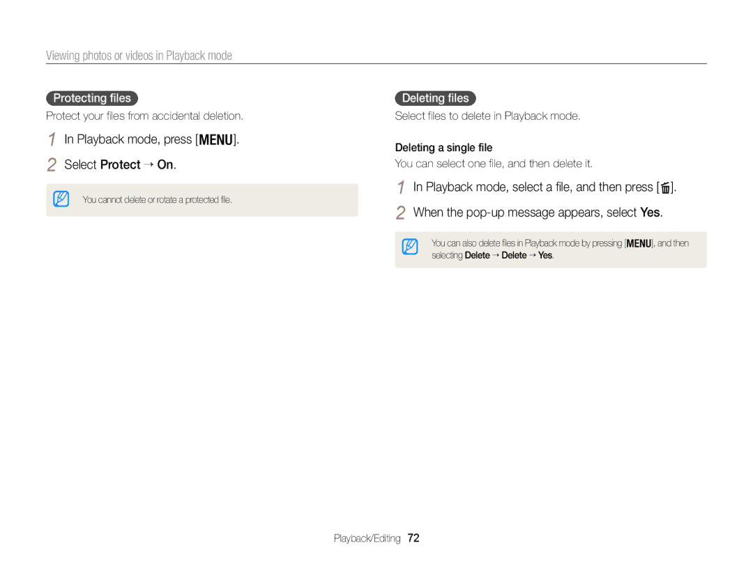 Samsung ECWB100ZBARUS, WB101, ECWB100ZBABUS Playback mode, press Select Protect → On, Protecting files, Deleting files 