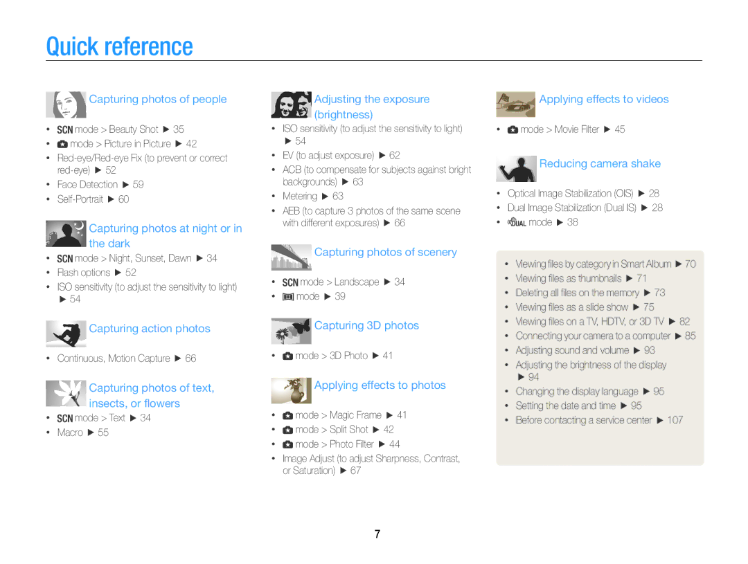 Samsung ECWB100ZBARUS, WB101, ECWB100ZBABUS appendix Quick reference, Capturing photos of people 