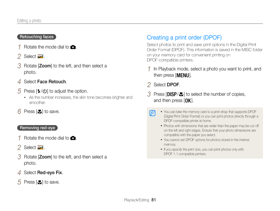 Samsung WB101, ECWB100ZBARUS appendix Creating a print order Dpof, Select Red-eye Fix, Retouching faces, Removing red-eye 