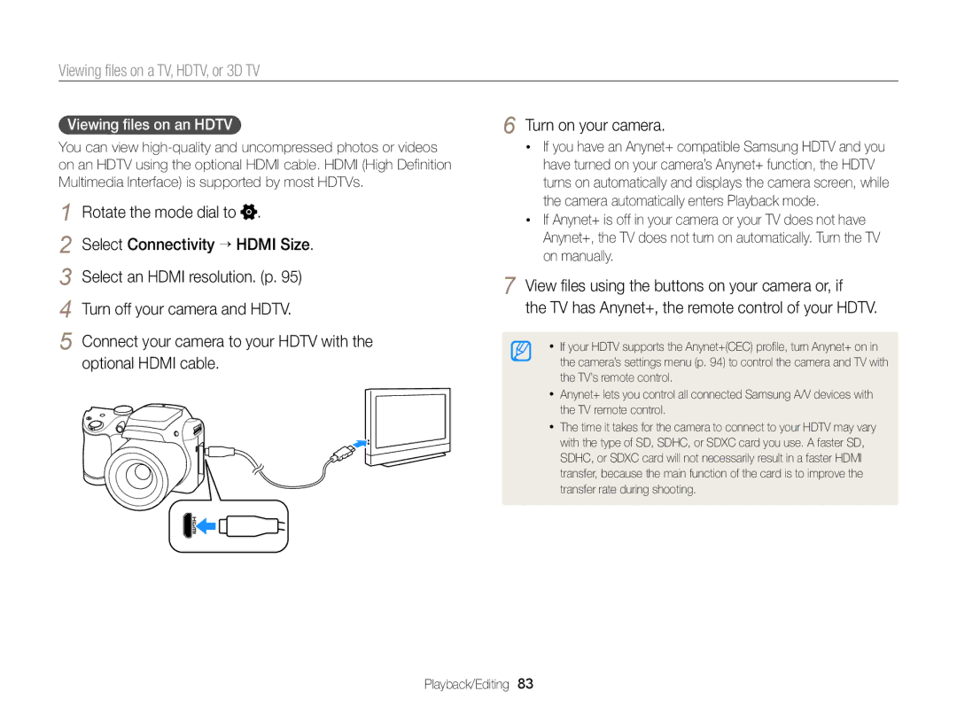 Samsung WB100, WB101 Viewing files on a TV, HDTV, or 3D TV, Select Connectivity → Hdmi Size, Select an Hdmi resolution. p 