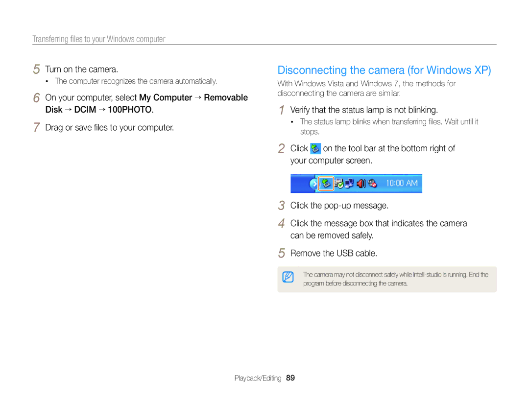 Samsung WB101, ECWB100ZBARUS, ECWB100ZBABUS appendix Disconnecting the camera for Windows XP 