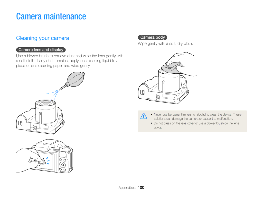 Samsung WB101, WB100 appendix Camera maintenance, Cleaning your camera, Camera lens and display, Camera body 