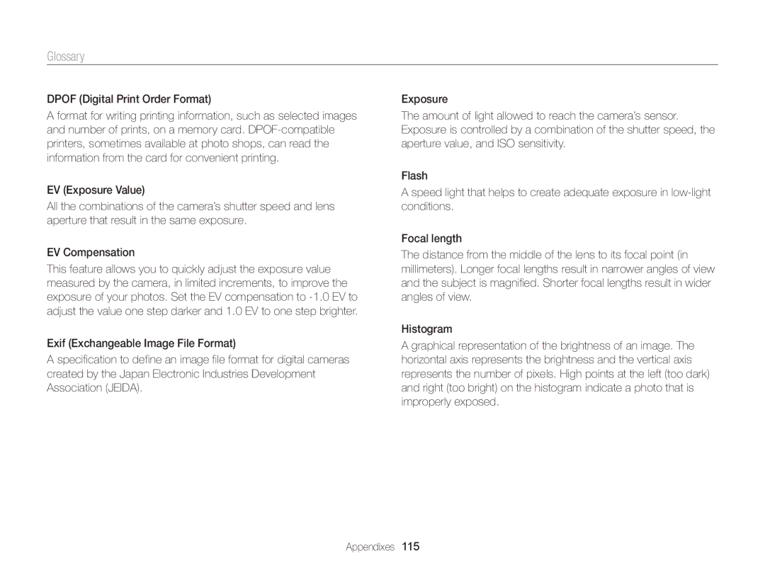 Samsung WB100, WB101 appendix Glossary, Dpof Digital Print Order Format 