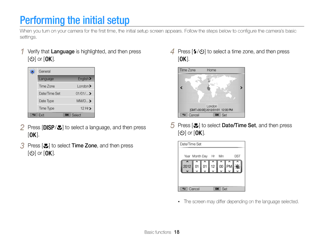 Samsung WB101, WB100 appendix Performing the initial setup, Verify that Language is highlighted, and then press or 