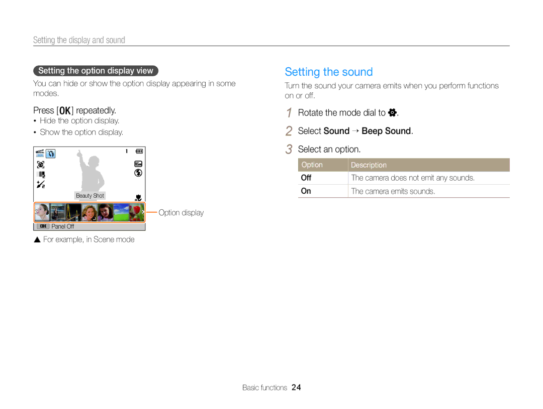 Samsung WB101, WB100 Setting the display and sound, Press repeatedly, Rotate the mode dial to, Select Sound → Beep Sound 