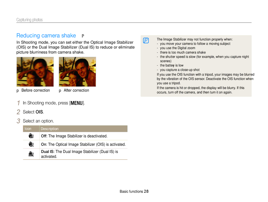 Samsung WB101, WB100 appendix Reducing camera shake, Shooting mode, press Select OIS Select an option 