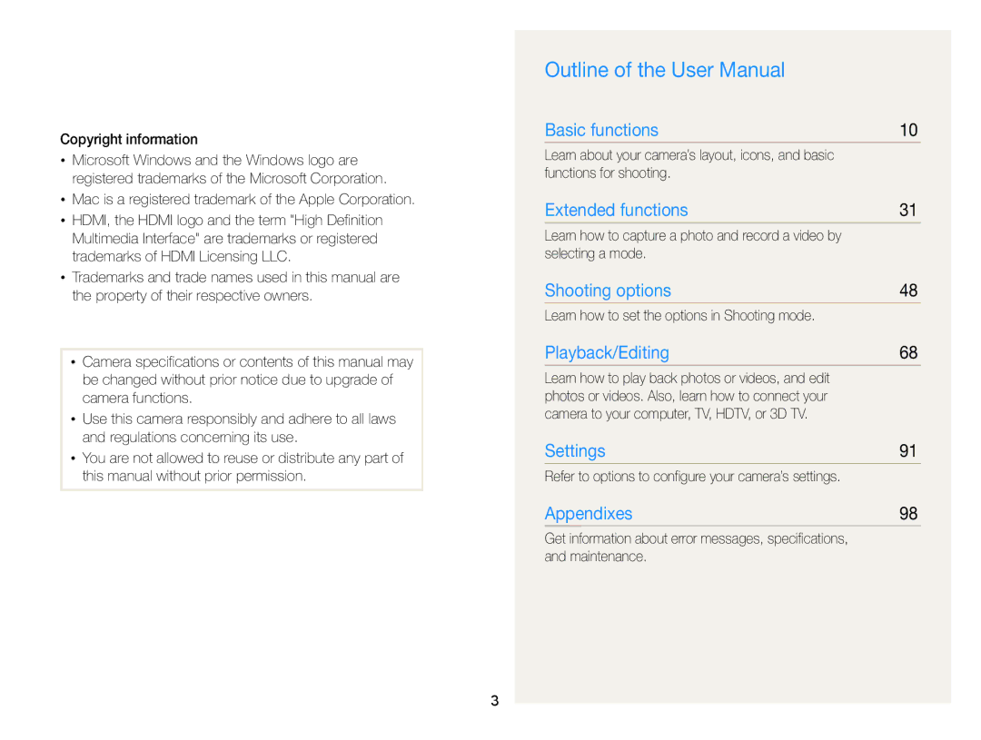 Samsung WB100, WB101 Copyright information, Mac is a registered trademark of the Apple Corporation, Functions for shooting 