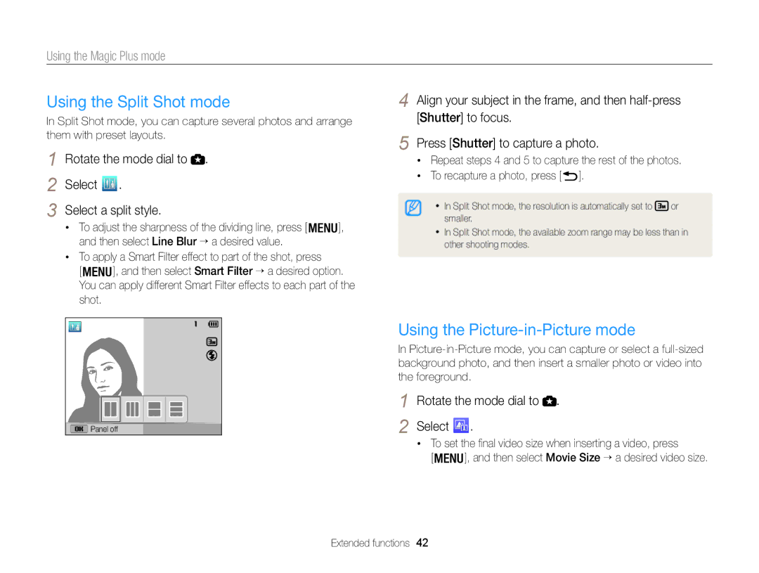 Samsung WB101, WB100 appendix Using the Split Shot mode, Using the Picture-in-Picture mode, Using the Magic Plus mode 