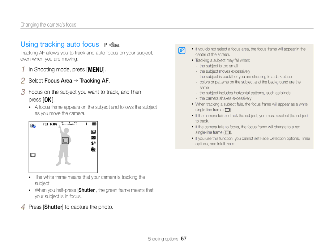 Samsung WB100, WB101 appendix Using tracking auto focus, Shooting mode, press Select Focus Area → Tracking AF 