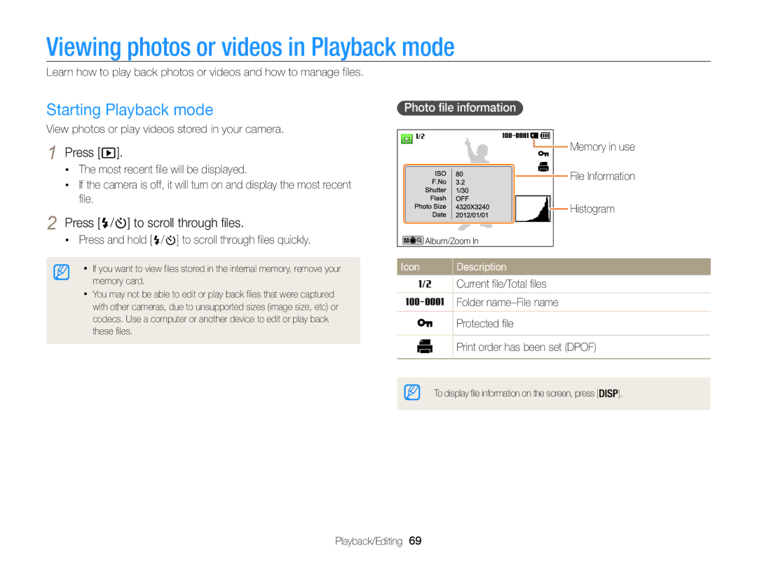 Samsung WB100, WB101 Viewing photos or videos in Playback mode, Starting Playback mode, Press / to scroll through files 