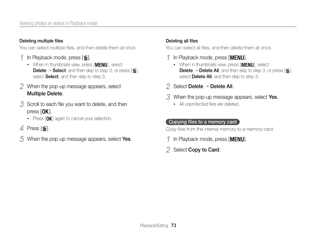 Samsung WB100 Playback mode, press, Press When the pop-up message appears, select Yes, Copying files to a memory card 