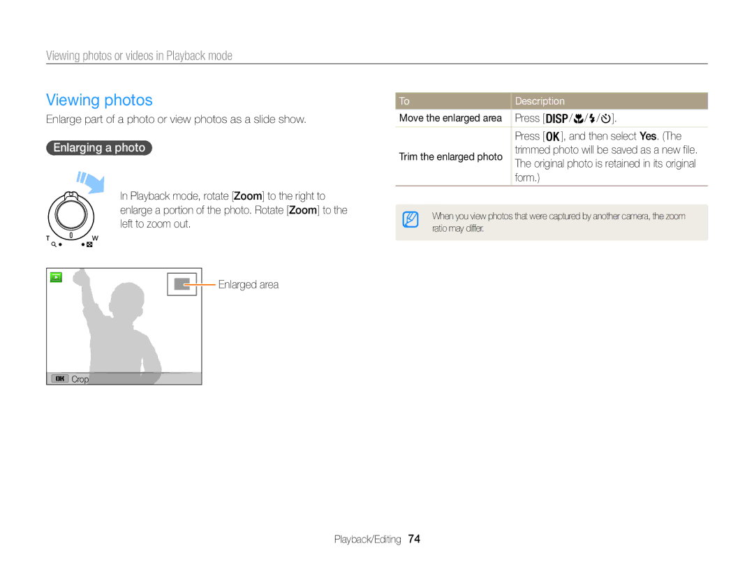 Samsung WB101, WB100 Viewing photos, Enlarging a photo, Enlarge part of a photo or view photos as a slide show, Form 