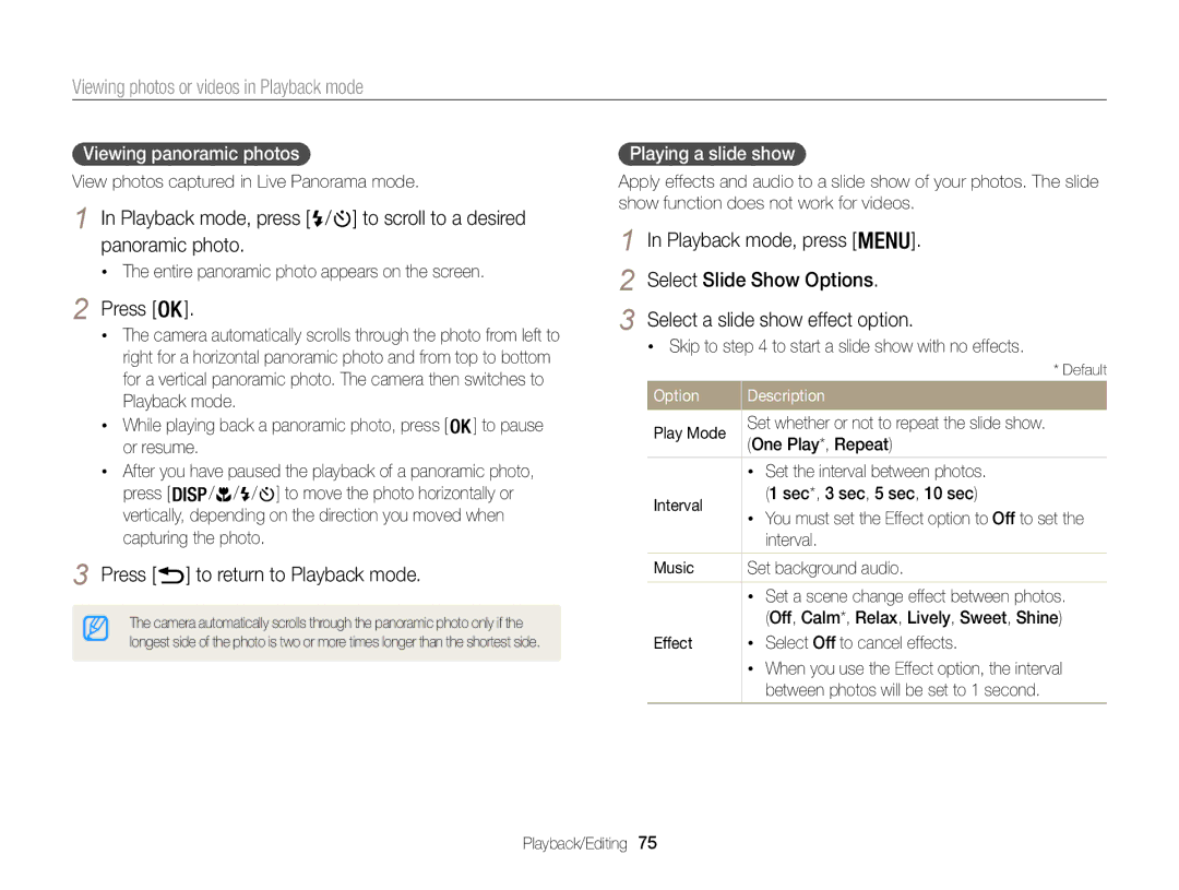 Samsung WB100, WB101 appendix Press to return to Playback mode, Viewing panoramic photos, Playing a slide show 