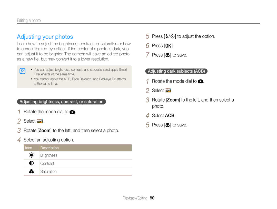 Samsung WB101, WB100 appendix Adjusting your photos, Press / to adjust the option, Photo Select ACB Press To save 