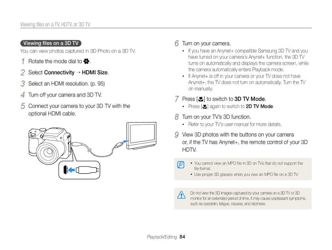 Samsung WB101, WB100 appendix Turn off your camera and 3D TV, Press to switch to 3D TV Mode, Turn on your TV’s 3D function 