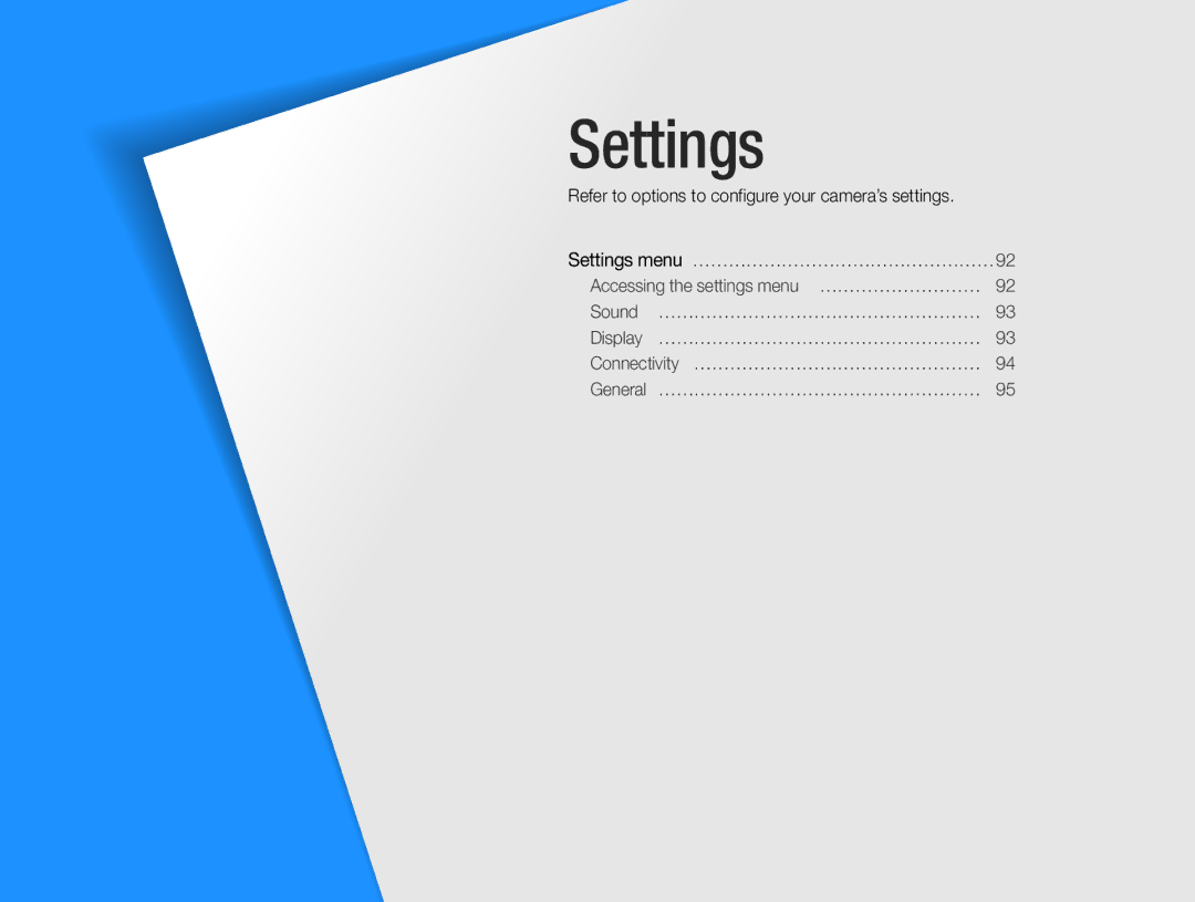 Samsung WB100, WB101 appendix Settings, Refer to options to configure your camera’s settings 