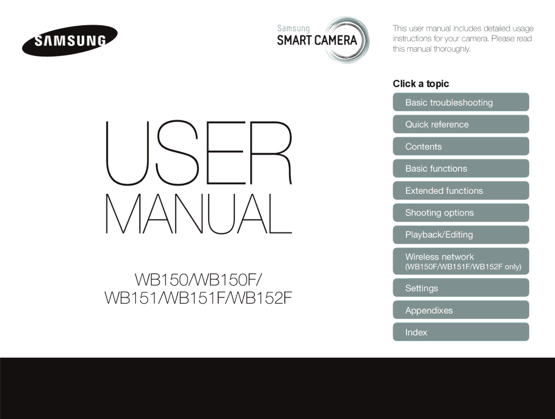 Samsung Wb150, wb150f, wb151f, wb152f appendix Settings Appendixes Index, WB150F/WB151F/WB152F only 