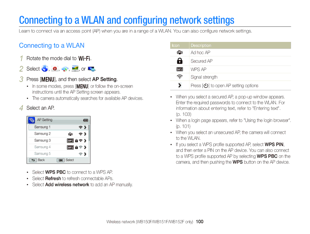 Samsung Wb150, wb150f, wb151f, wb152f appendix Connecting to a Wlan and conﬁguring network settings, Select an AP 