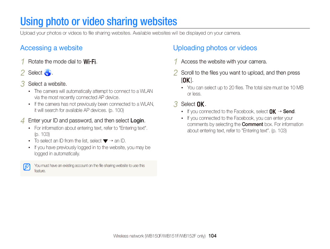 Samsung wb150f, Wb150, wb151f Using photo or video sharing websites, Accessing a website, Uploading photos or videos 