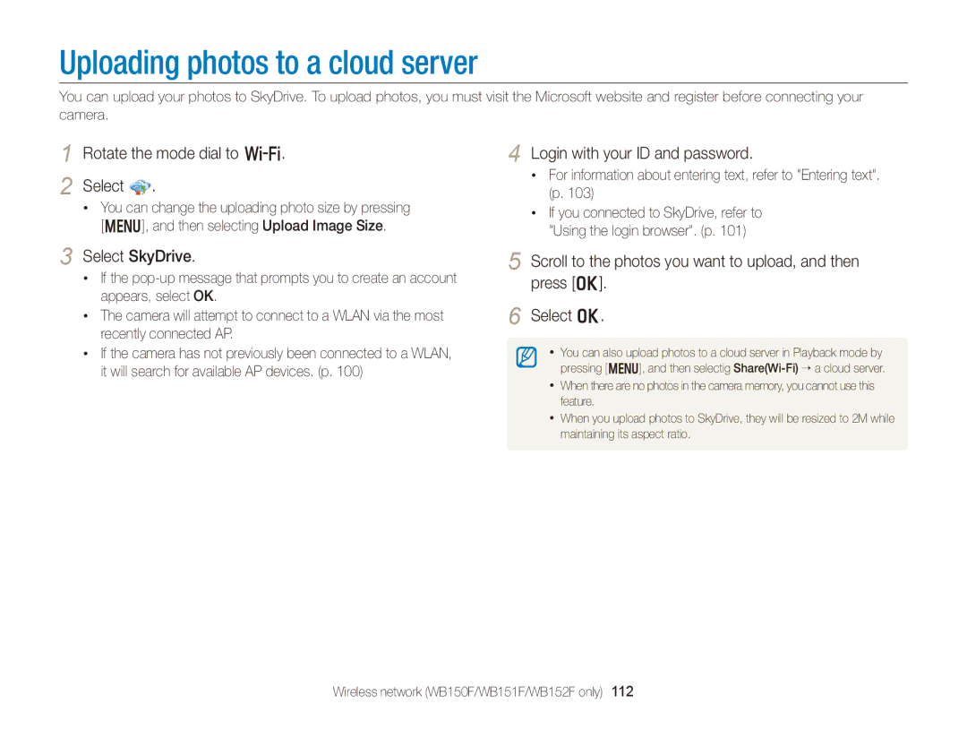 Samsung wb151f Uploading photos to a cloud server, Rotate the mode dial to w Select, Login with your ID and password 