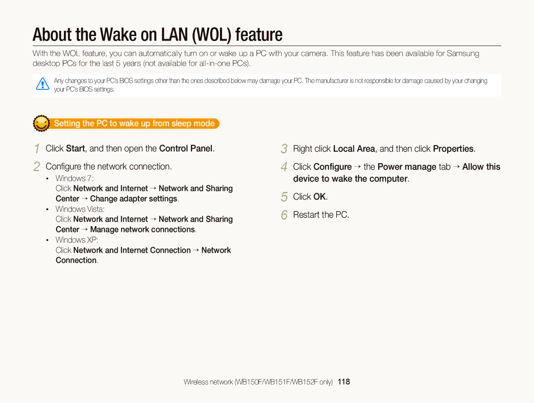 Samsung wb152f, wb150f, Wb150, wb151f appendix About the Wake on LAN WOL feature, Setting the PC to wake up from sleep mode 