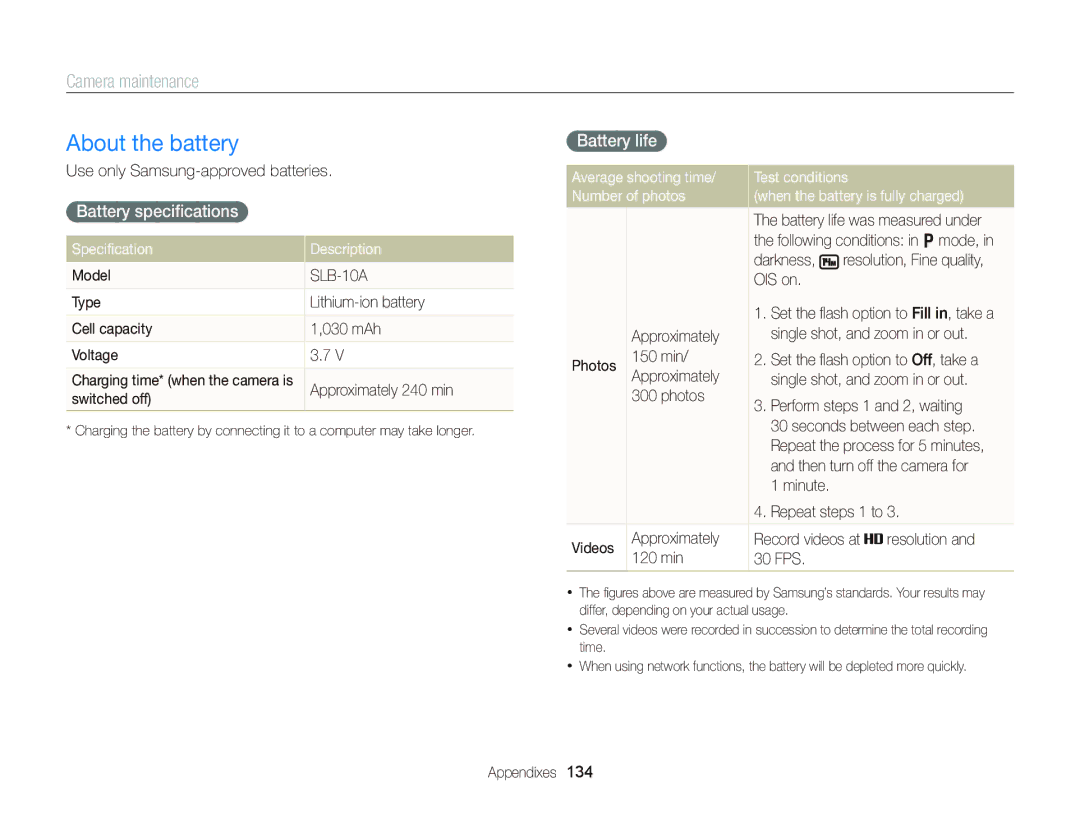 Samsung wb150f, Wb150, wb151f, wb152f About the battery, Battery speciﬁcations, Battery life, Speciﬁcation Description 