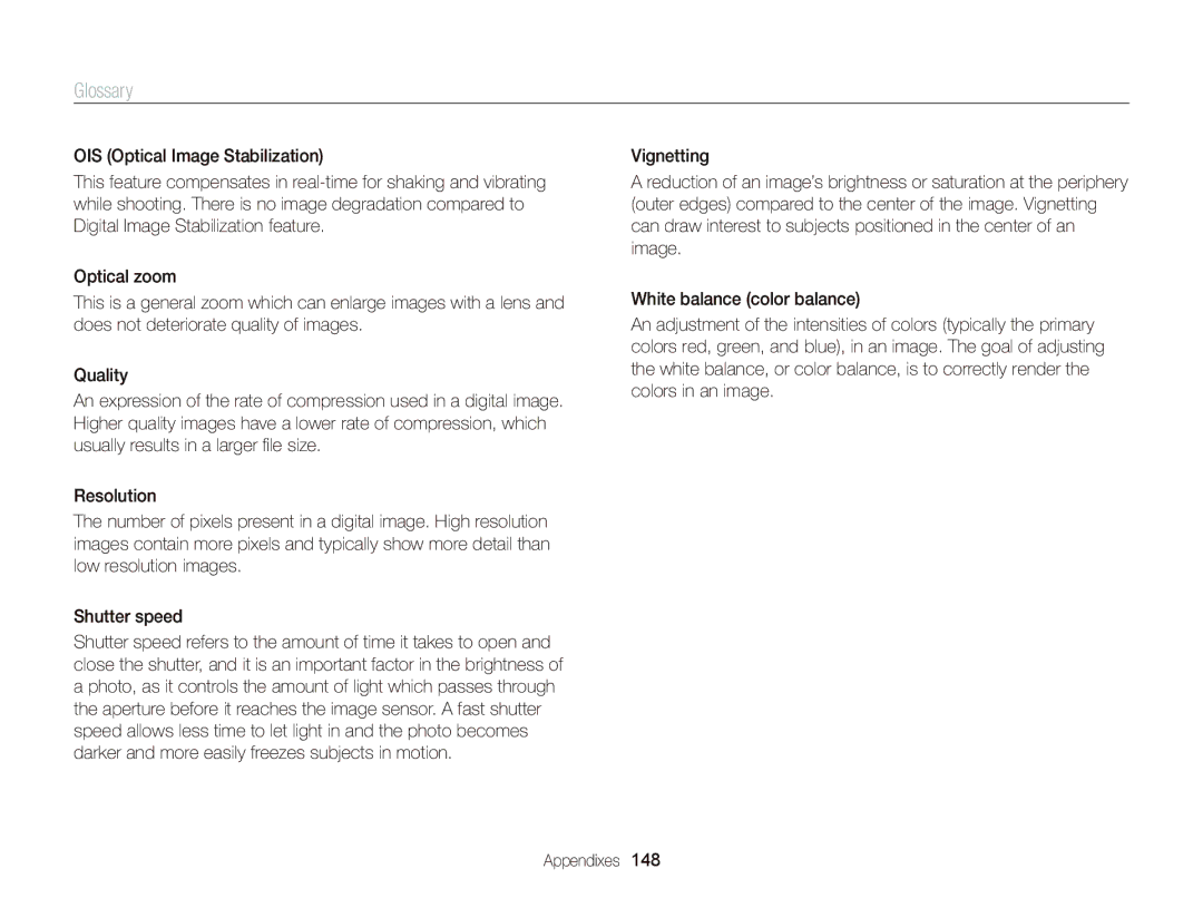 Samsung wb152f, wb150f, Wb150, wb151f appendix Glossary 