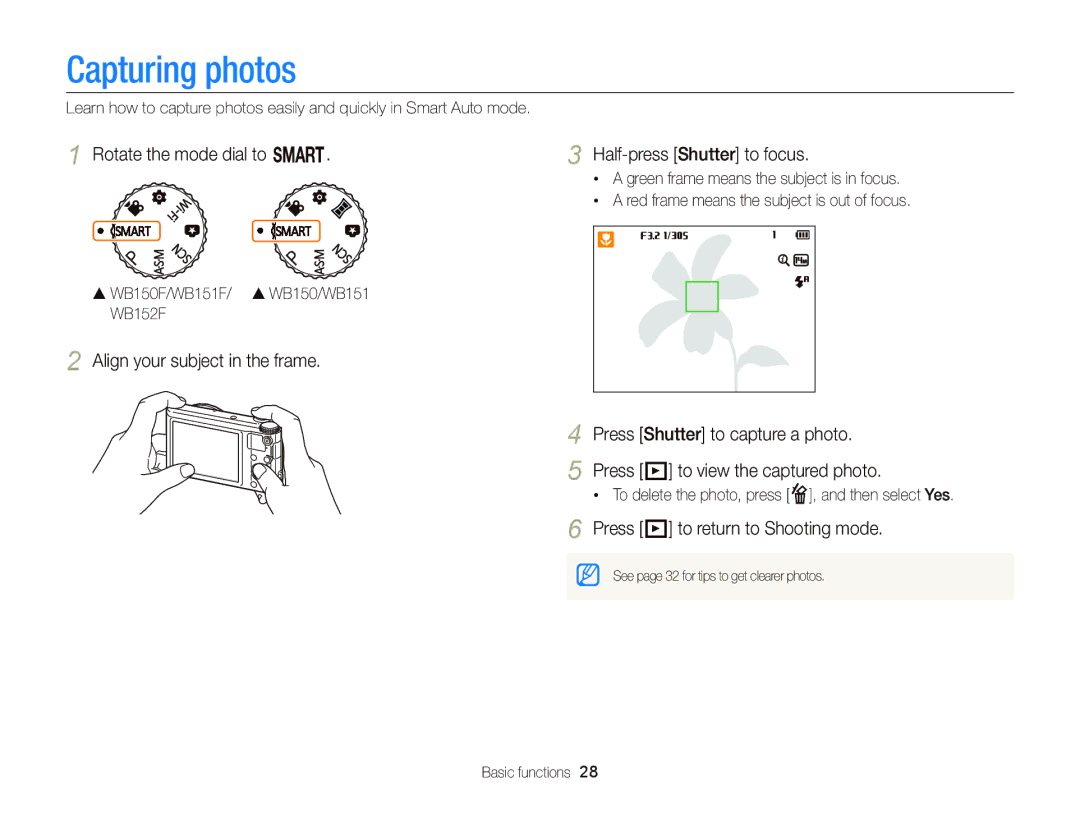 Samsung wb152f Capturing photos, Rotate the mode dial to T Half-press Shutter to focus, Press P to return to Shooting mode 