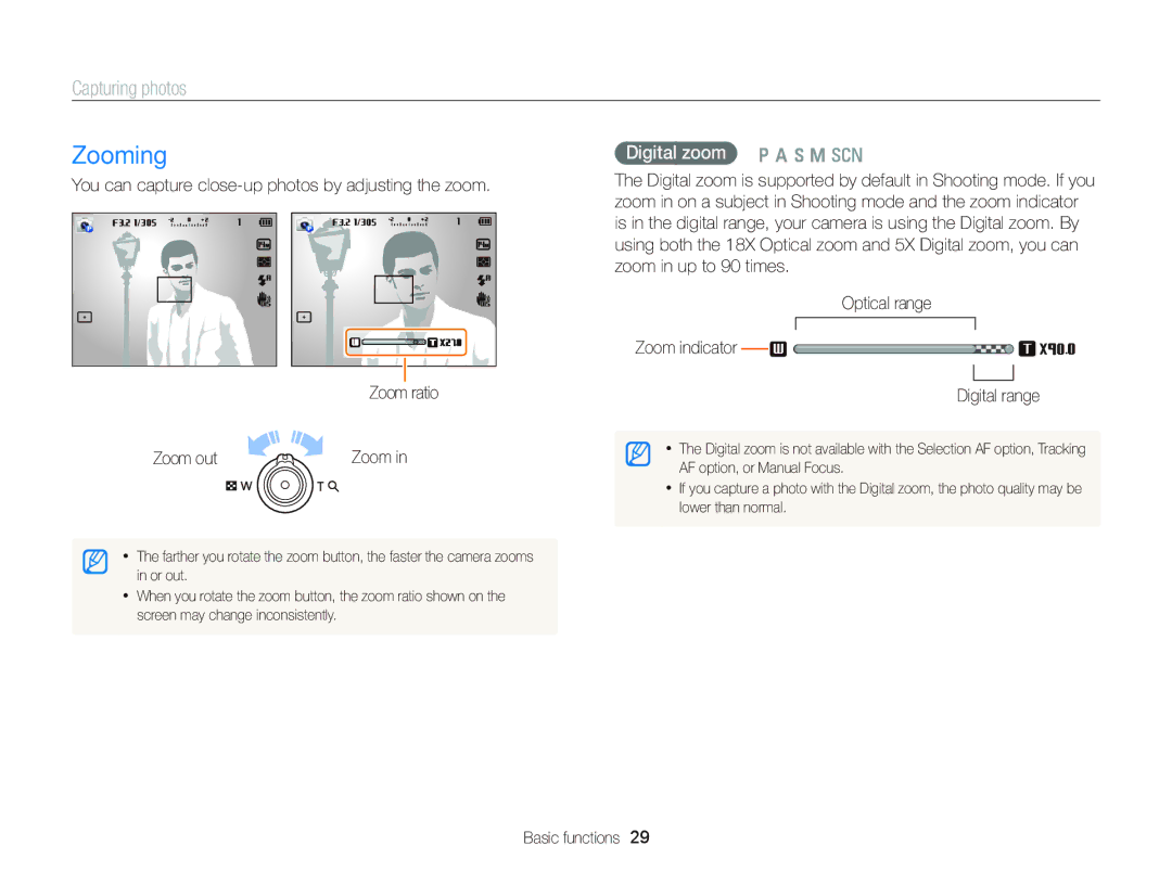 Samsung wb150f, Wb150, wb151f, wb152f appendix Zooming, Capturing photos, Digital zoom p a h M s 