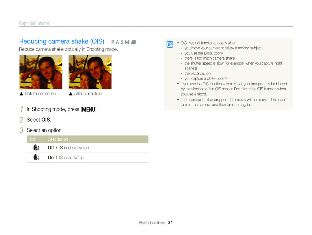 Samsung wb150f, Wb150, wb151f Reducing camera shake OIS p a h M, Shooting mode, press m Select OIS Select an option 
