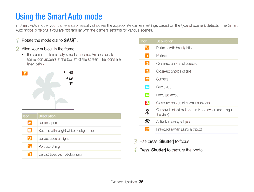 Samsung Wb150, wb150f, wb151f Using the Smart Auto mode, Rotate the mode dial to T Align your subject in the frame 