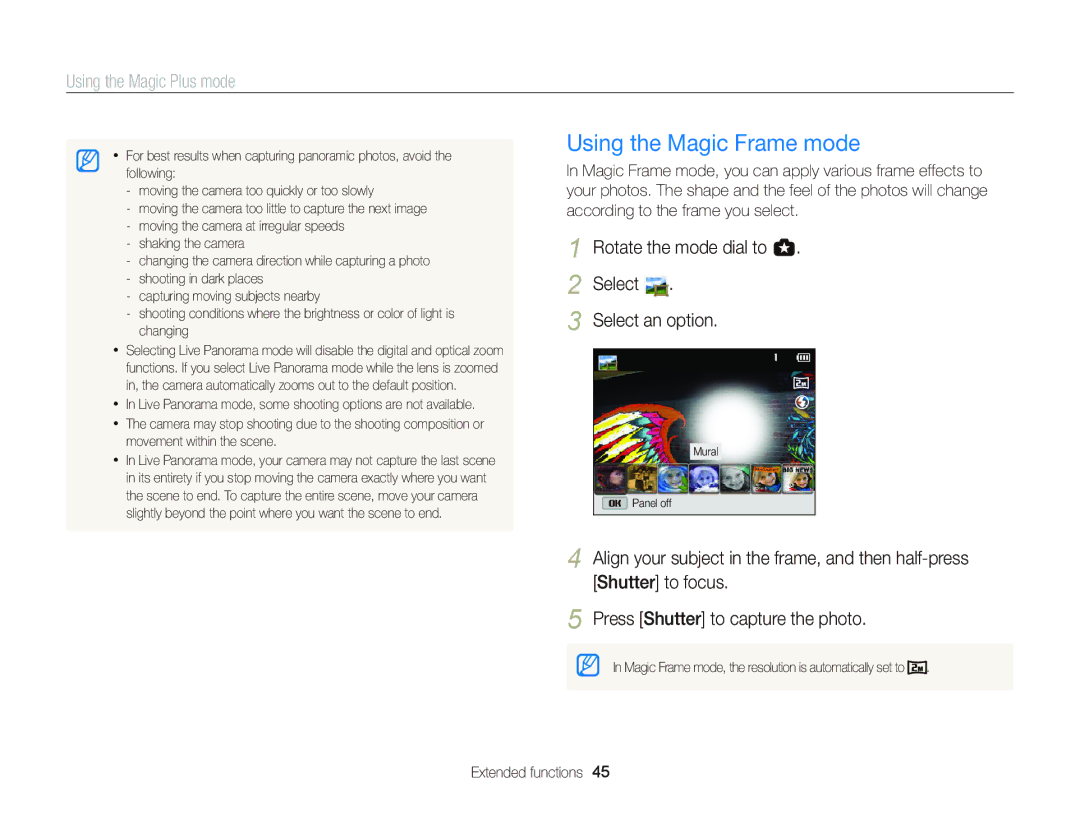 Samsung Wb150 Using the Magic Frame mode, Using the Magic Plus mode, Rotate the mode dial to g Select Select an option 