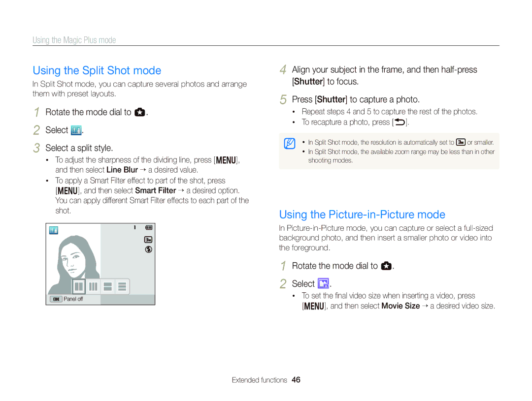 Samsung wb150f, Wb150, wb151f, wb152f appendix Using the Split Shot mode, Using the Picture-in-Picture mode 
