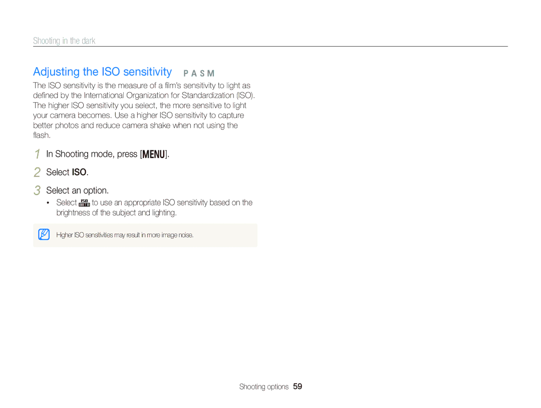 Samsung wb150f, Wb150, wb151 Adjusting the ISO sensitivity p a h M, Shooting mode, press m Select ISO Select an option 