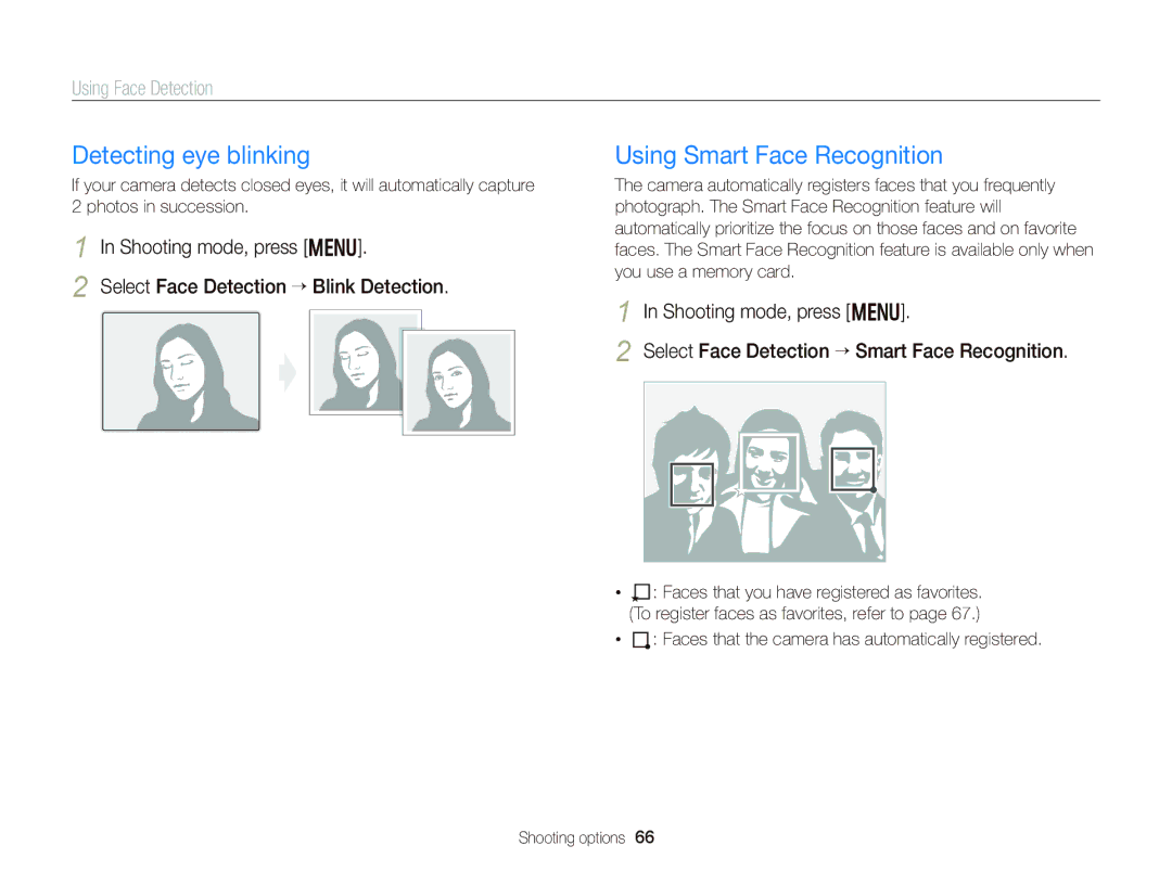 Samsung wb150f, Wb150, wb151f, wb152f appendix Detecting eye blinking, Using Smart Face Recognition 