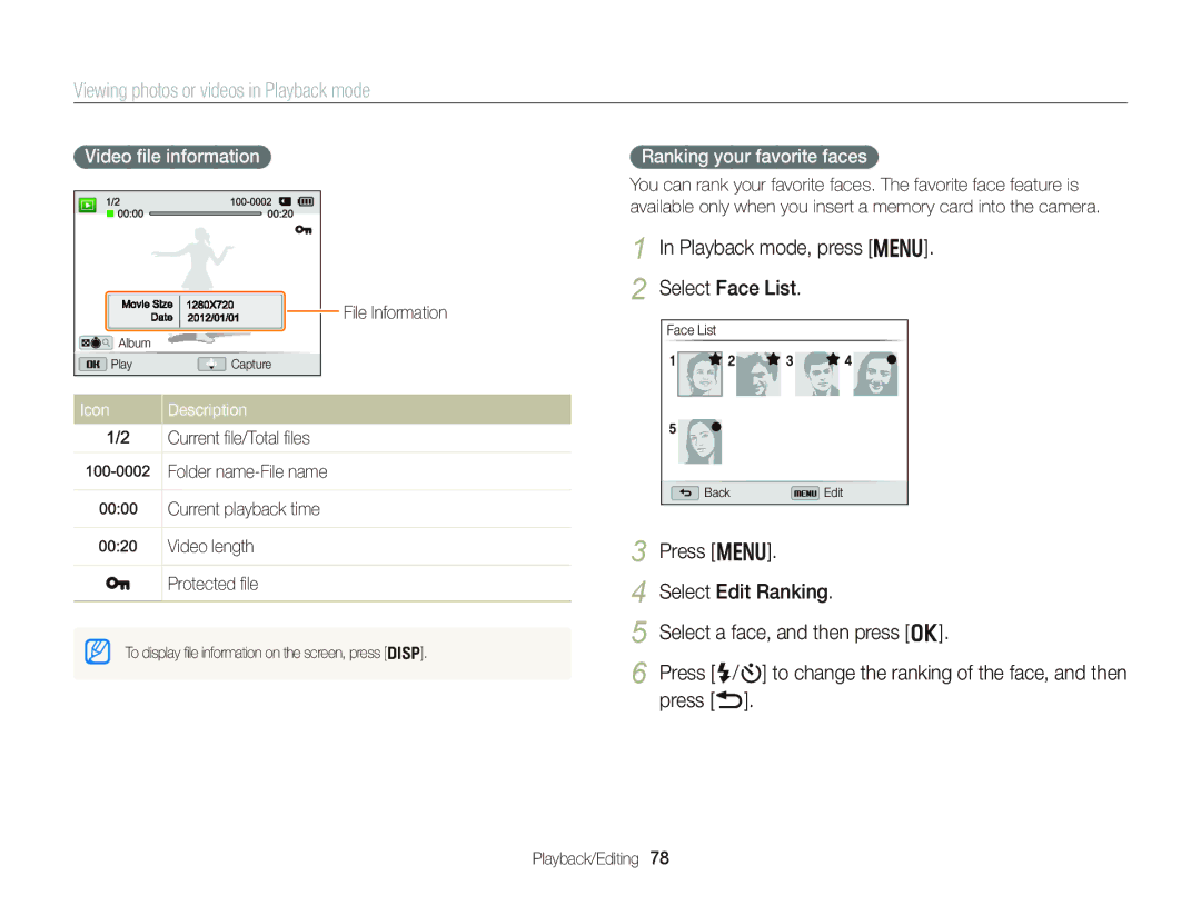 Samsung wb152f, wb150f, Wb150 Viewing photos or videos in Playback mode, Playback mode, press m Select Face List, Press b 