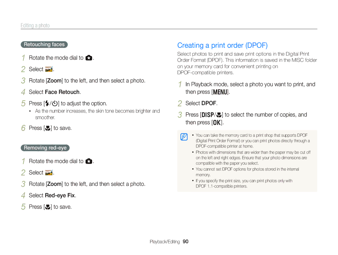 Samsung Wb150, wb150f, wb151f, wb152f appendix Creating a print order Dpof, Retouching faces, Removing red-eye 