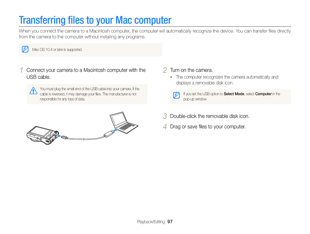 Samsung wb151f, wb150f, Wb150, wb152f appendix Transferring ﬁles to your Mac computer 