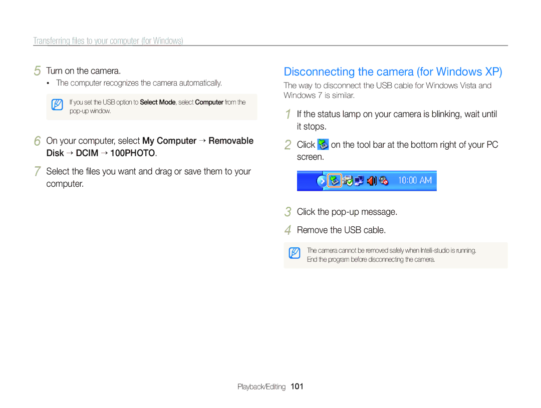 Samsung WB2000 Disconnecting the camera for Windows XP, Turn on the camera, On the tool bar at the bottom right of your PC 