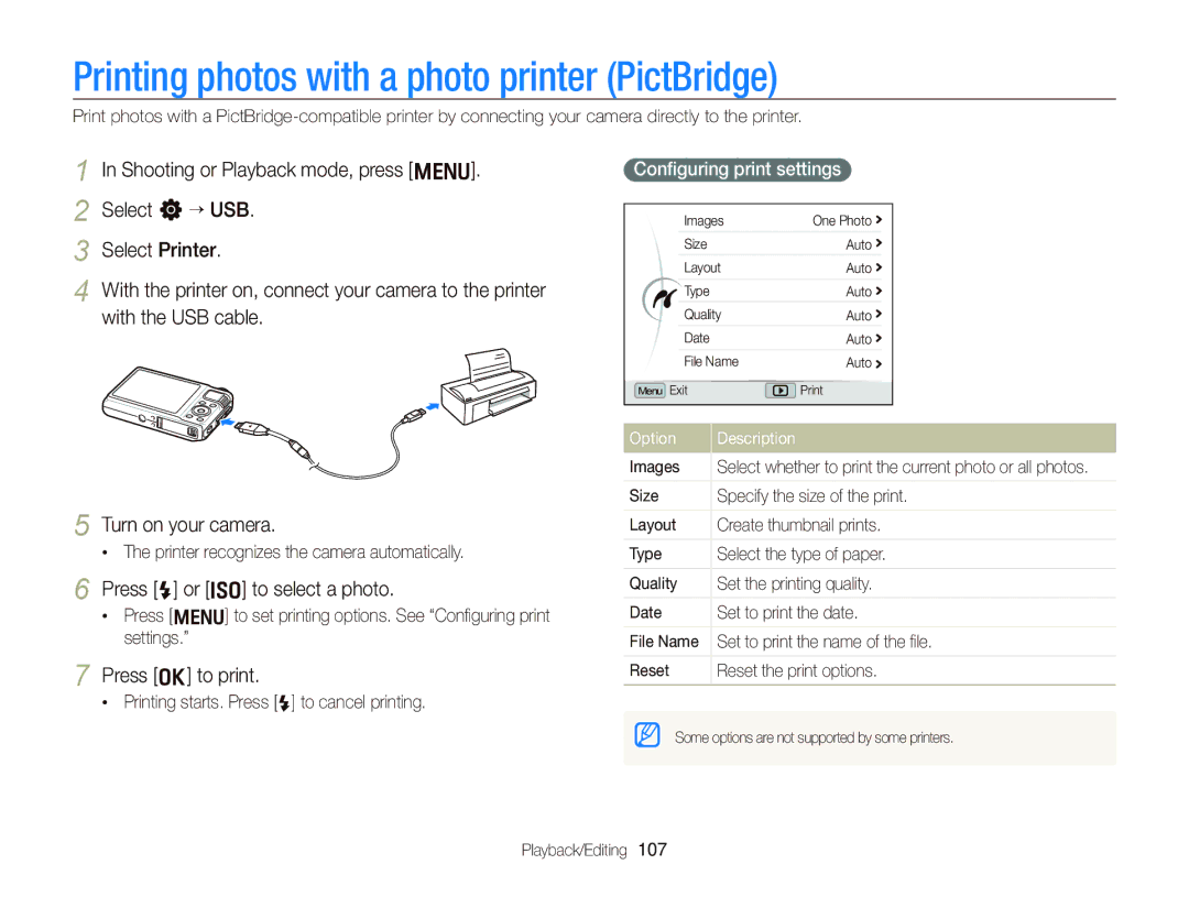 Samsung WB2000 Printing photos with a photo printer PictBridge, Press F or I to select a photo, Press o to print 